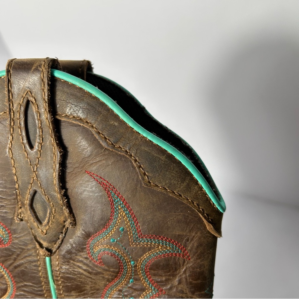 Justin Boots Brown Leather Western Boots with Turquoise Trim - Picture 9 of 16